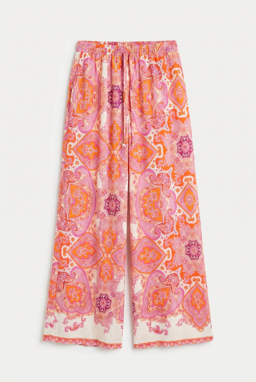 Beli Lastikli Şal Desenli Bol Paça Pantolon Pembe
