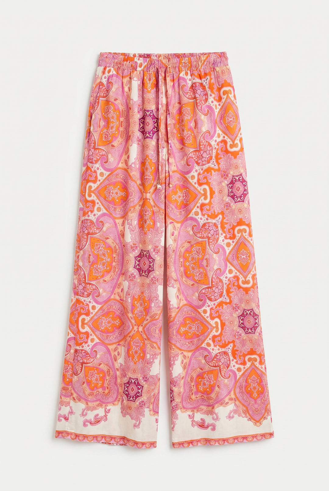 Beli Lastikli Şal Desenli Bol Paça Pantolon Pembe