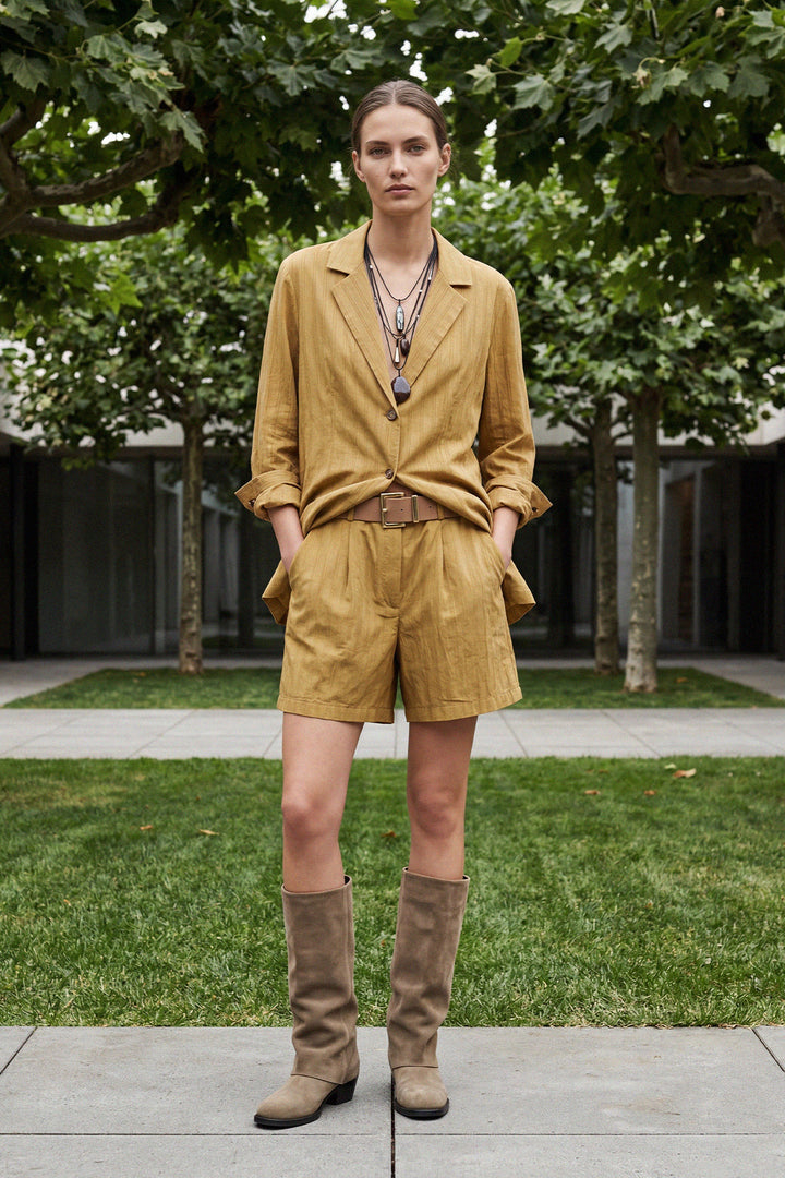 Yüksek Bel Dokulu Kemerli Mini Şort Bej