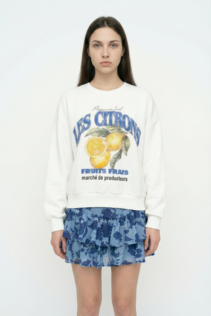 Limon Baskılı Bisiklet Yaka Oversize Sweatshirt Ekru