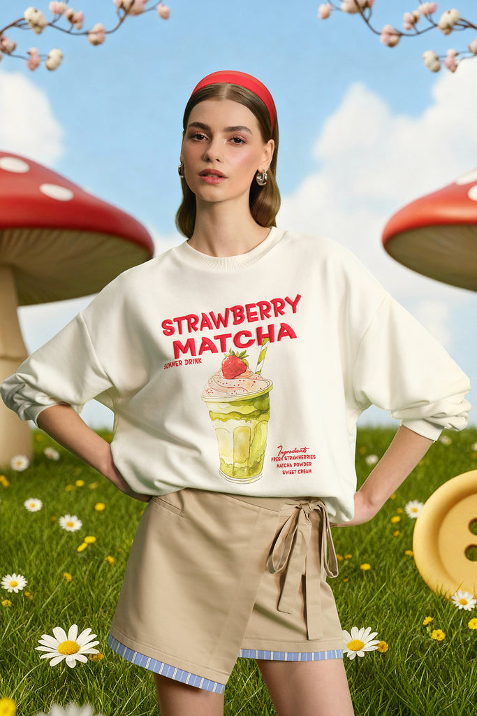 Matcha Baskılı Oversize Sweatshirt Ekru