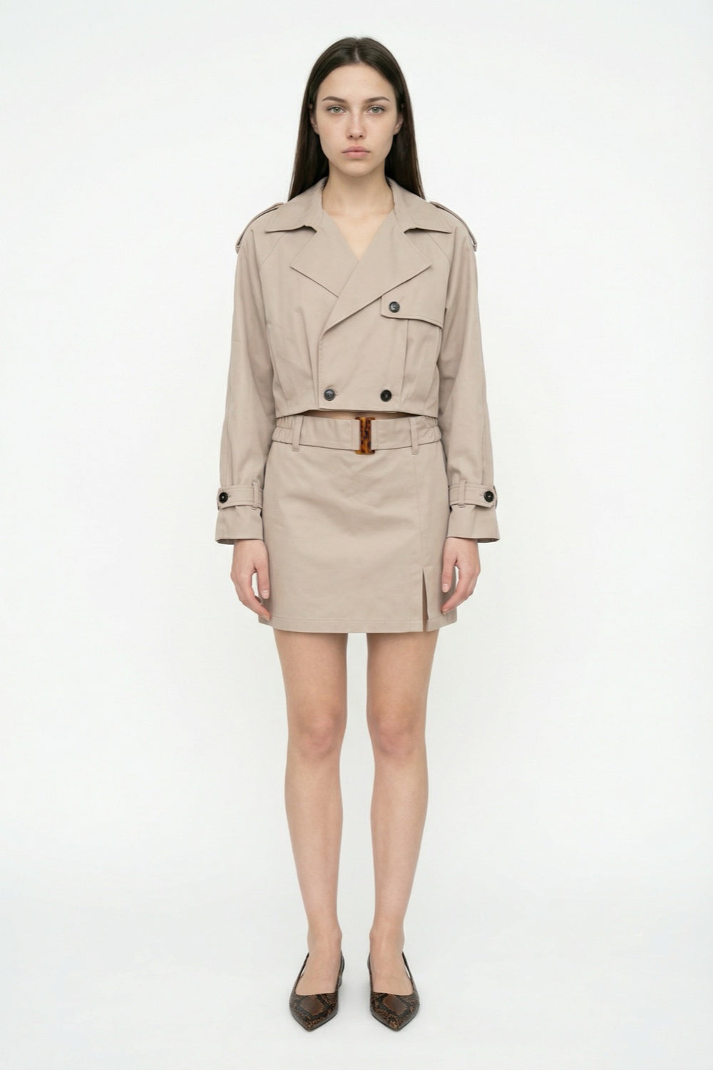 Apoletli Kruvaze Yaka Kısa Trençkot Bej