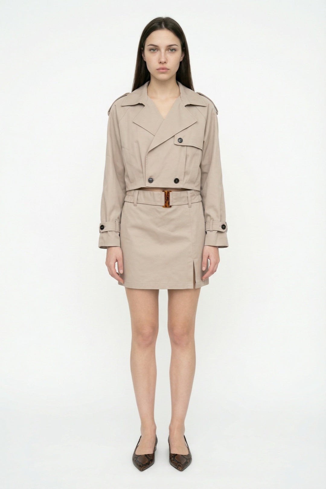 Apoletli Kruvaze Yaka Kısa Trençkot Bej