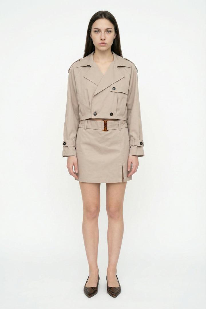 Apoletli Kruvaze Yaka Kısa Trençkot Bej