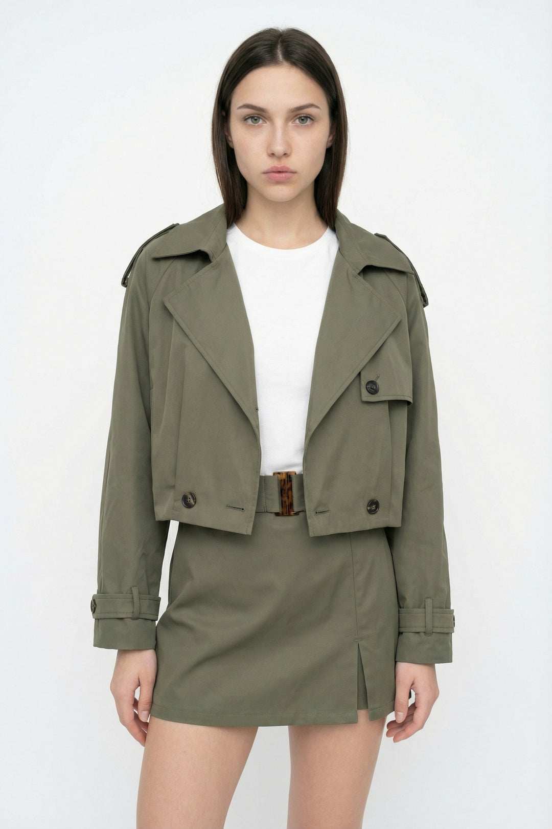 Apoletli Kruvaze Yaka Kısa Trençkot Haki