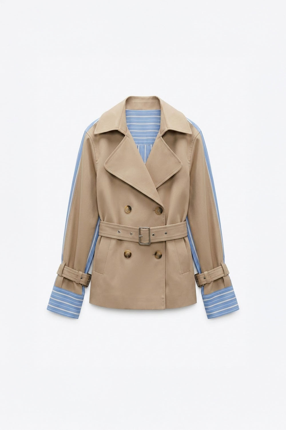 Çizgili Astarlı Kemerli Kısa Trençkot Bej