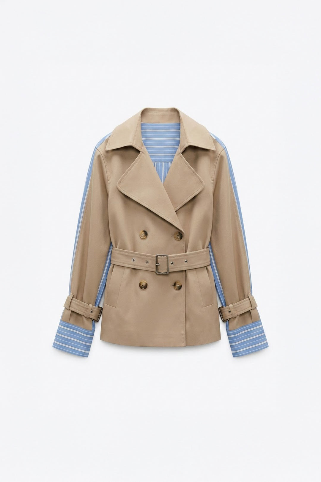 Çizgili Astarlı Kemerli Kısa Trençkot Bej