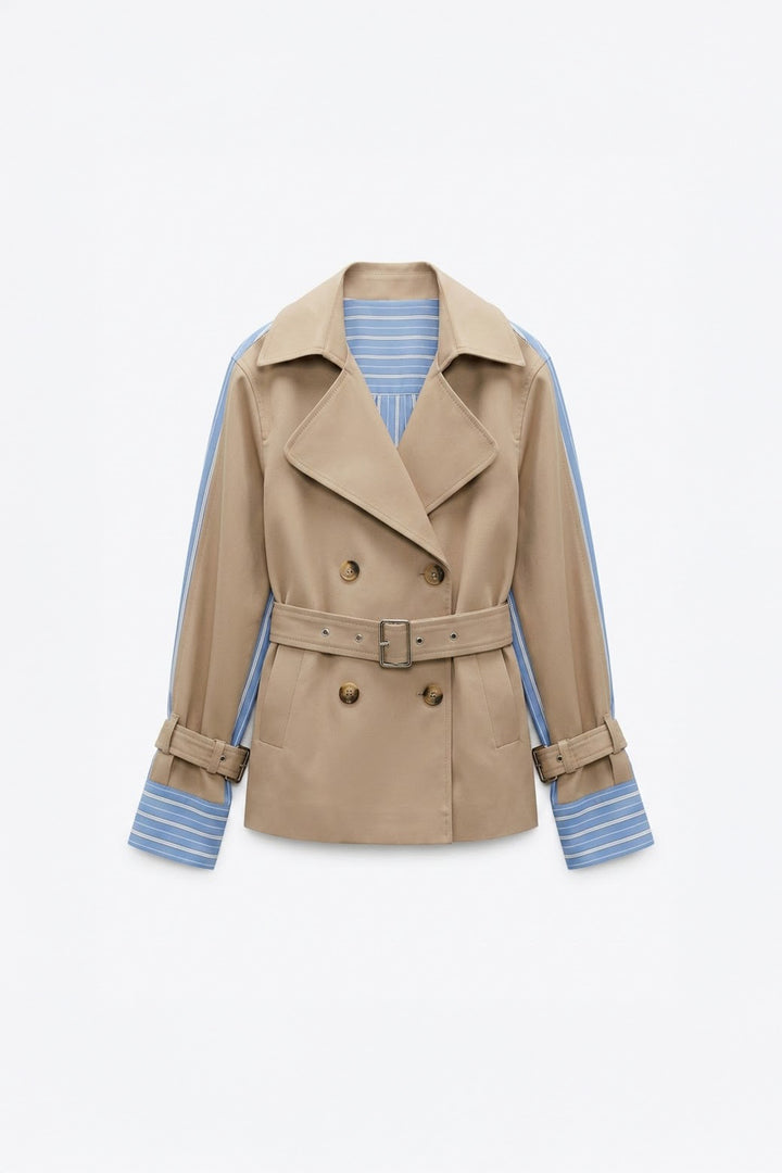 Çizgili Astarlı Kemerli Kısa Trençkot Bej