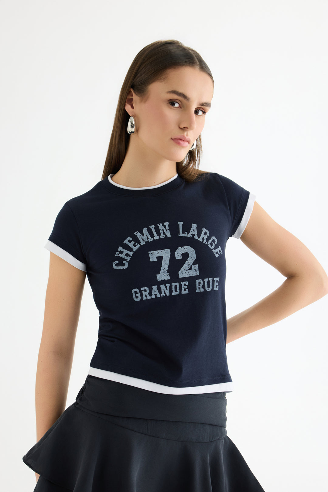 Yazı Baskılı Reglan Garnili Tişört Lacivert