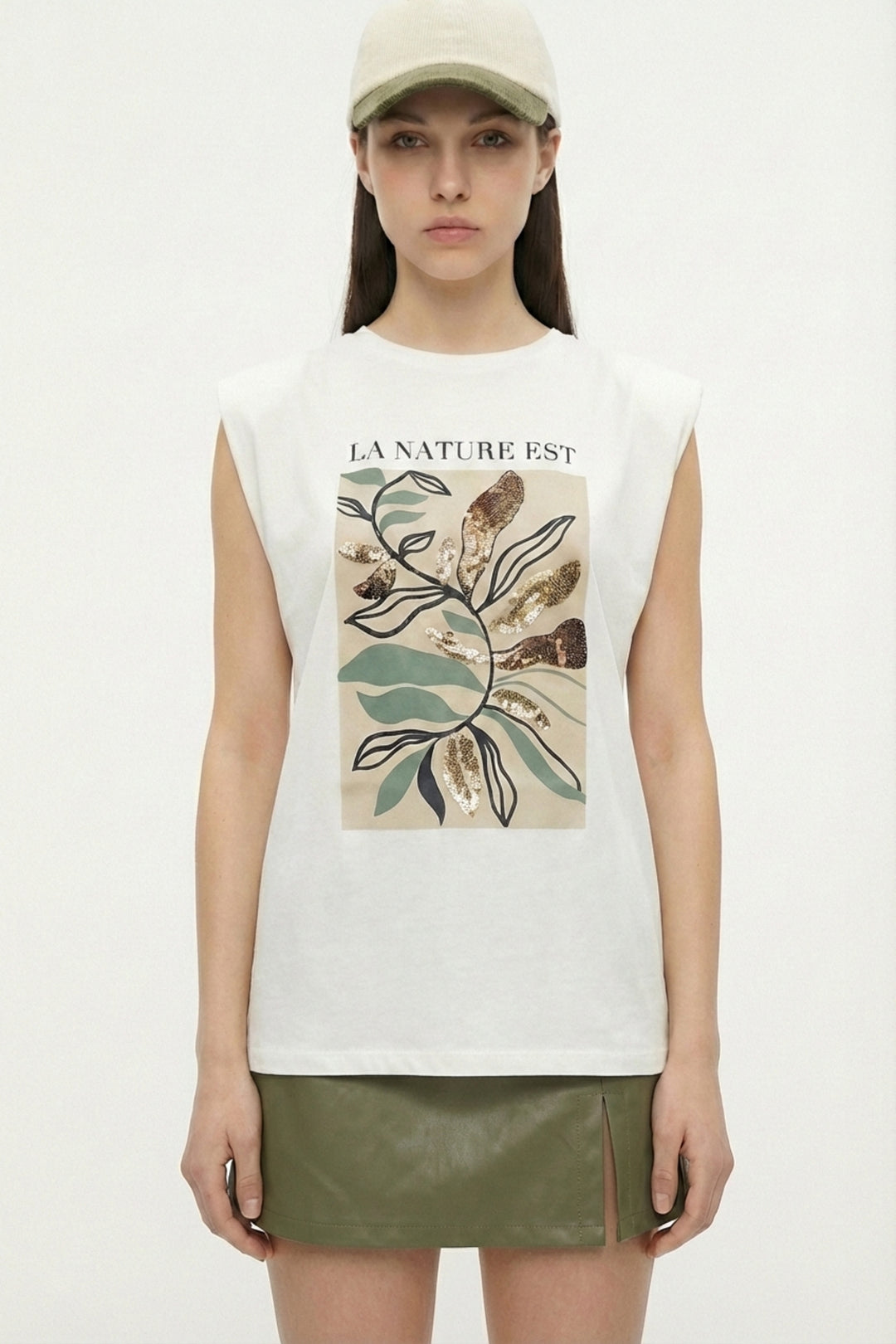 Pul İşlemeli Yaprak Baskılı Kolsuz Tişört Ekru