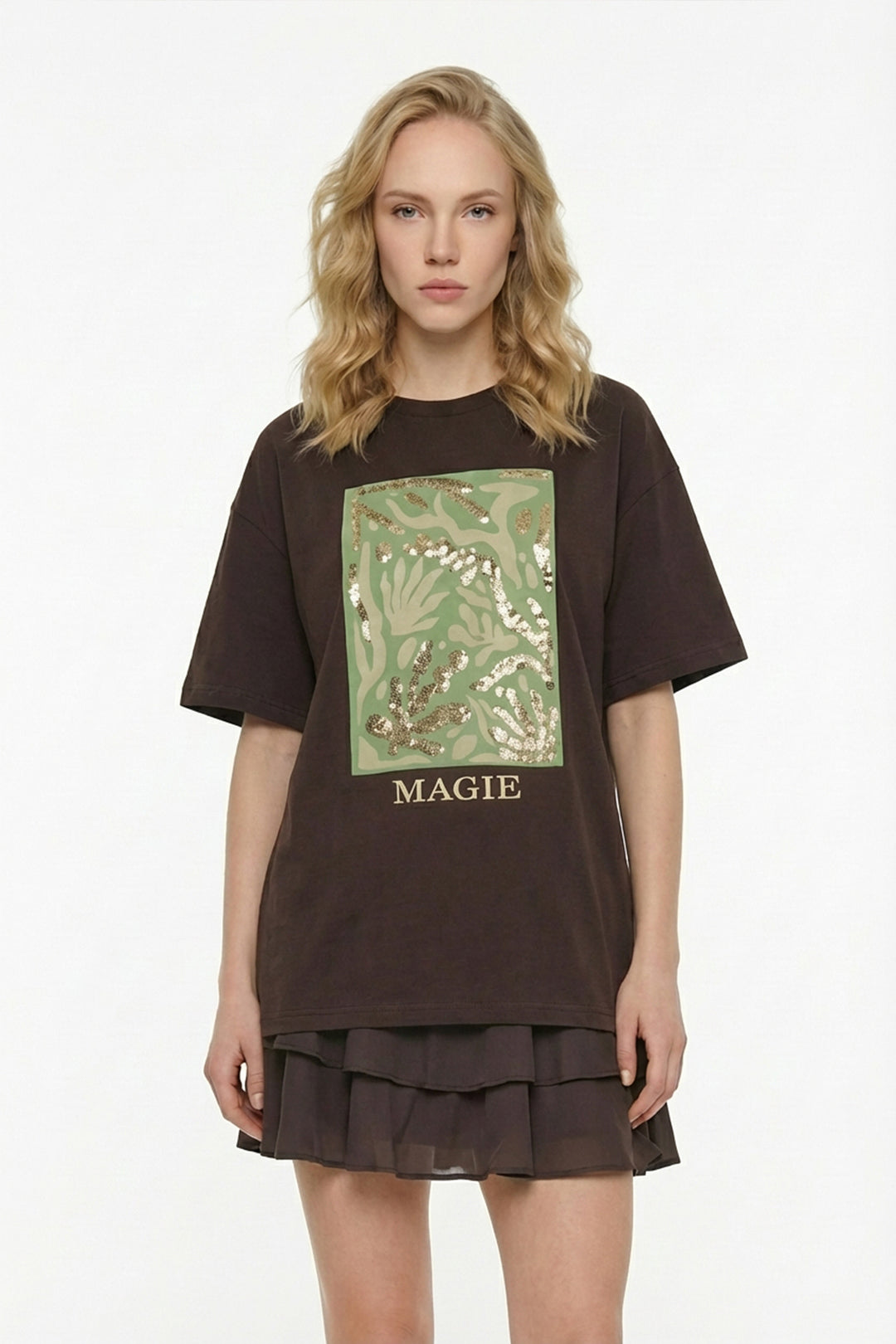 Pul İşlemeli Baskılı Oversize Tişört Kahverengi