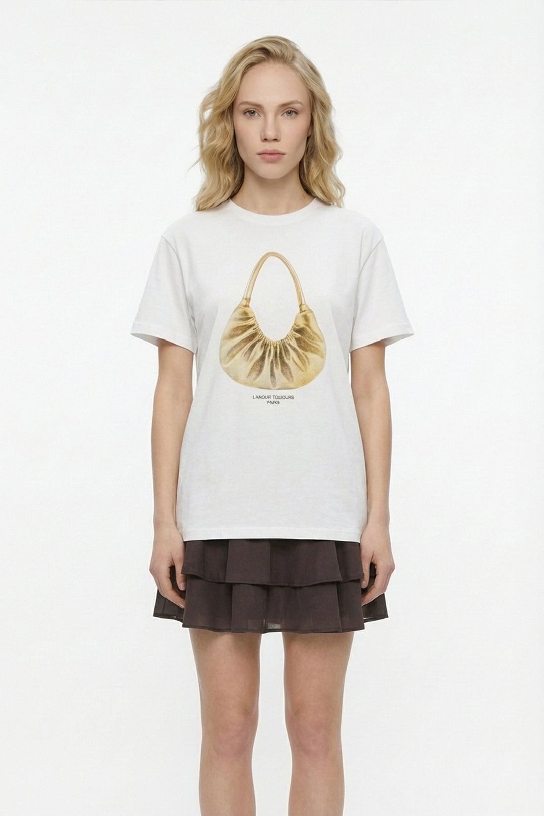 Çanta Baskılı Bisiklet Yaka Tişört Ekru