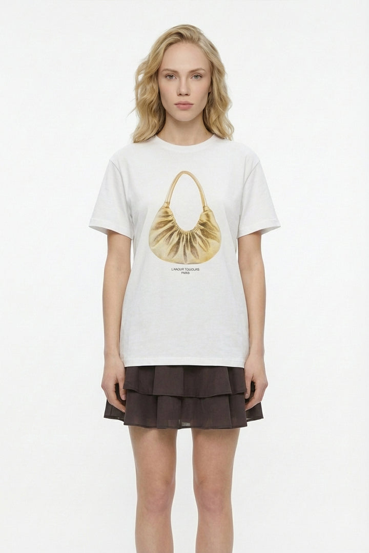 Çanta Baskılı Bisiklet Yaka Tişört Ekru