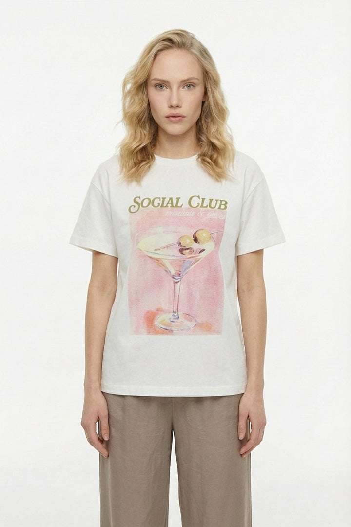Kokteyl Baskılı Bisiklet Yaka Tişört Ekru