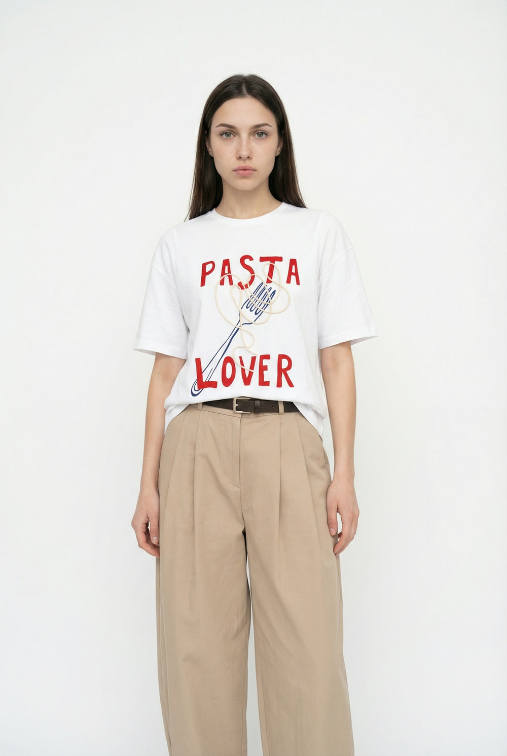 Pasta Lover Baskılı Oversize Tişört Beyaz