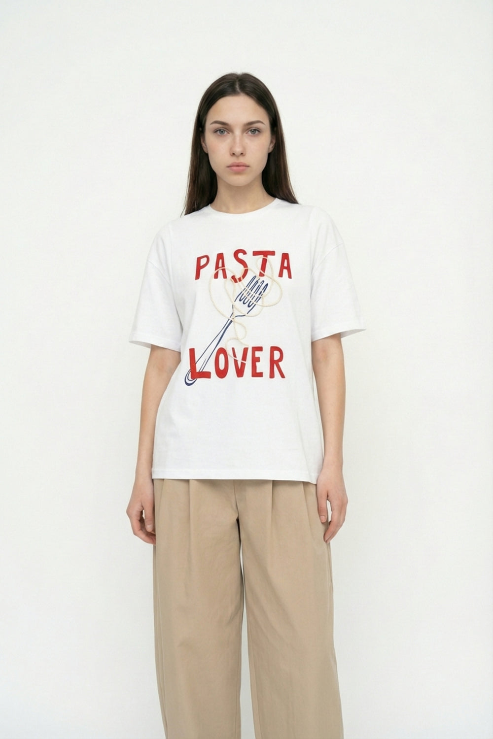 Pasta Lover Baskılı Oversize Tişört Beyaz