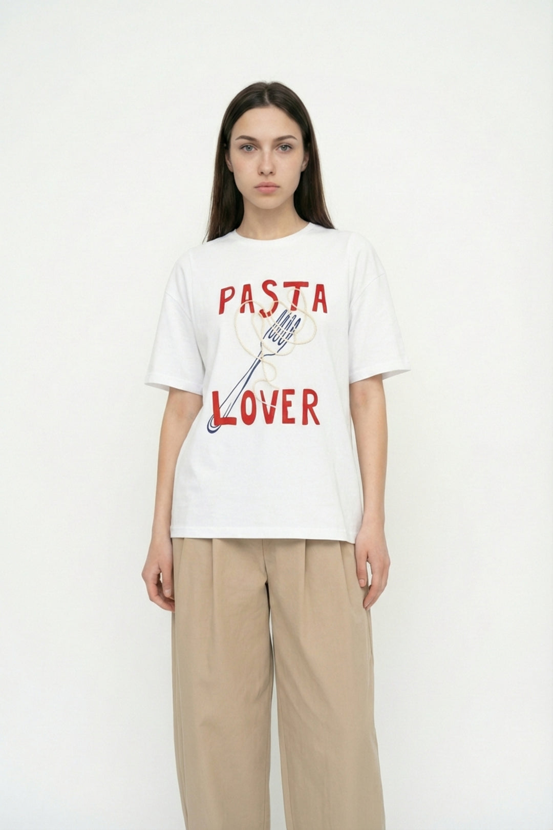 Pasta Lover Baskılı Oversize Tişört Beyaz