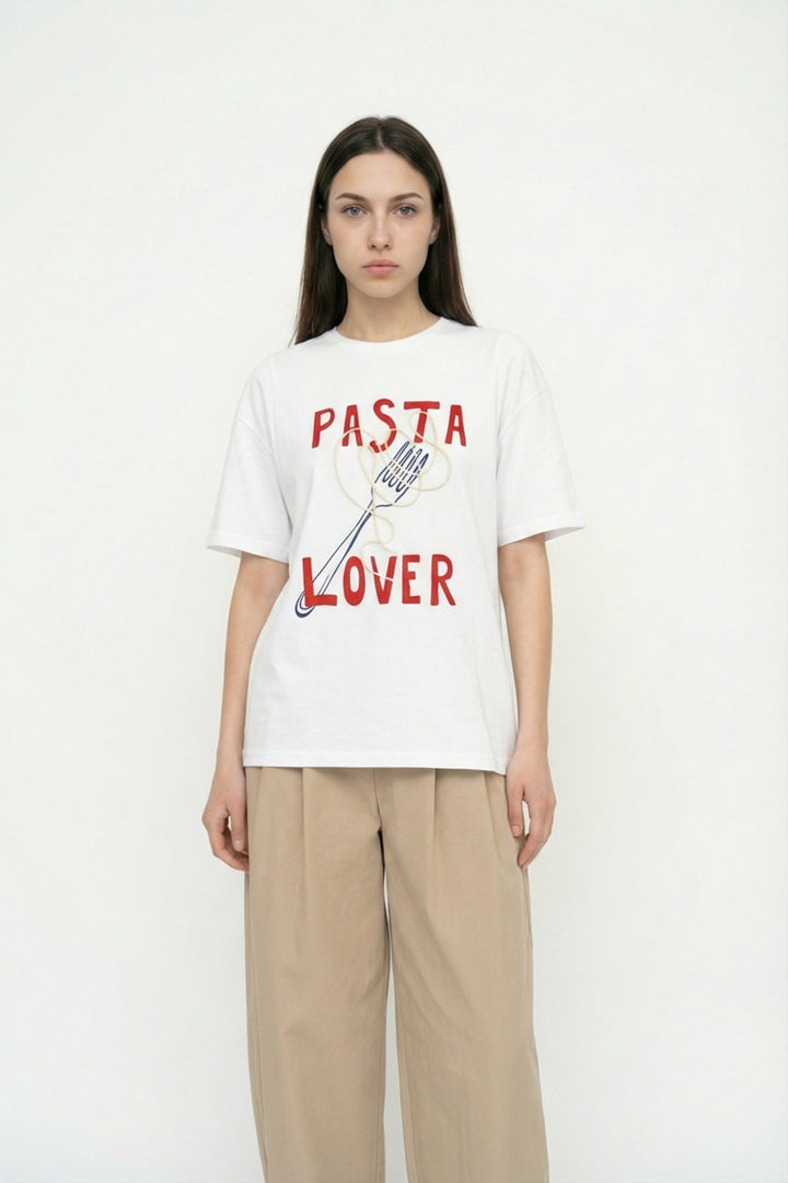 Pasta Lover Baskılı Oversize Tişört Beyaz