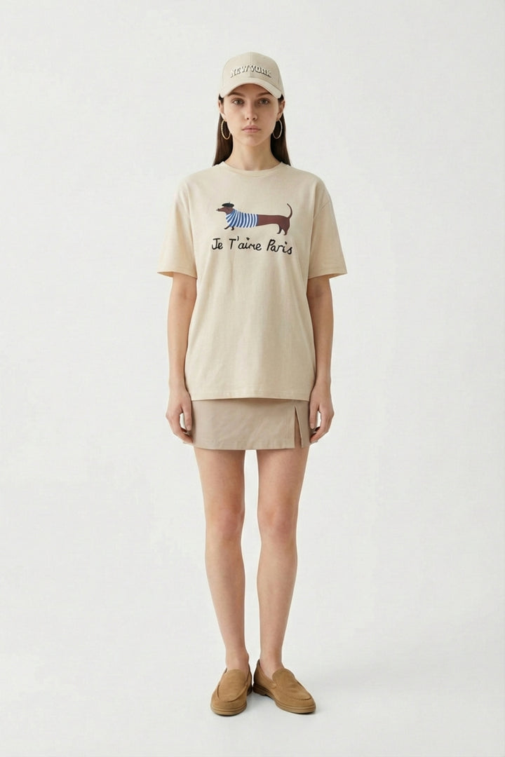 Yazı Nakışlı Köpek Baskılı Oversize Tişört Bej