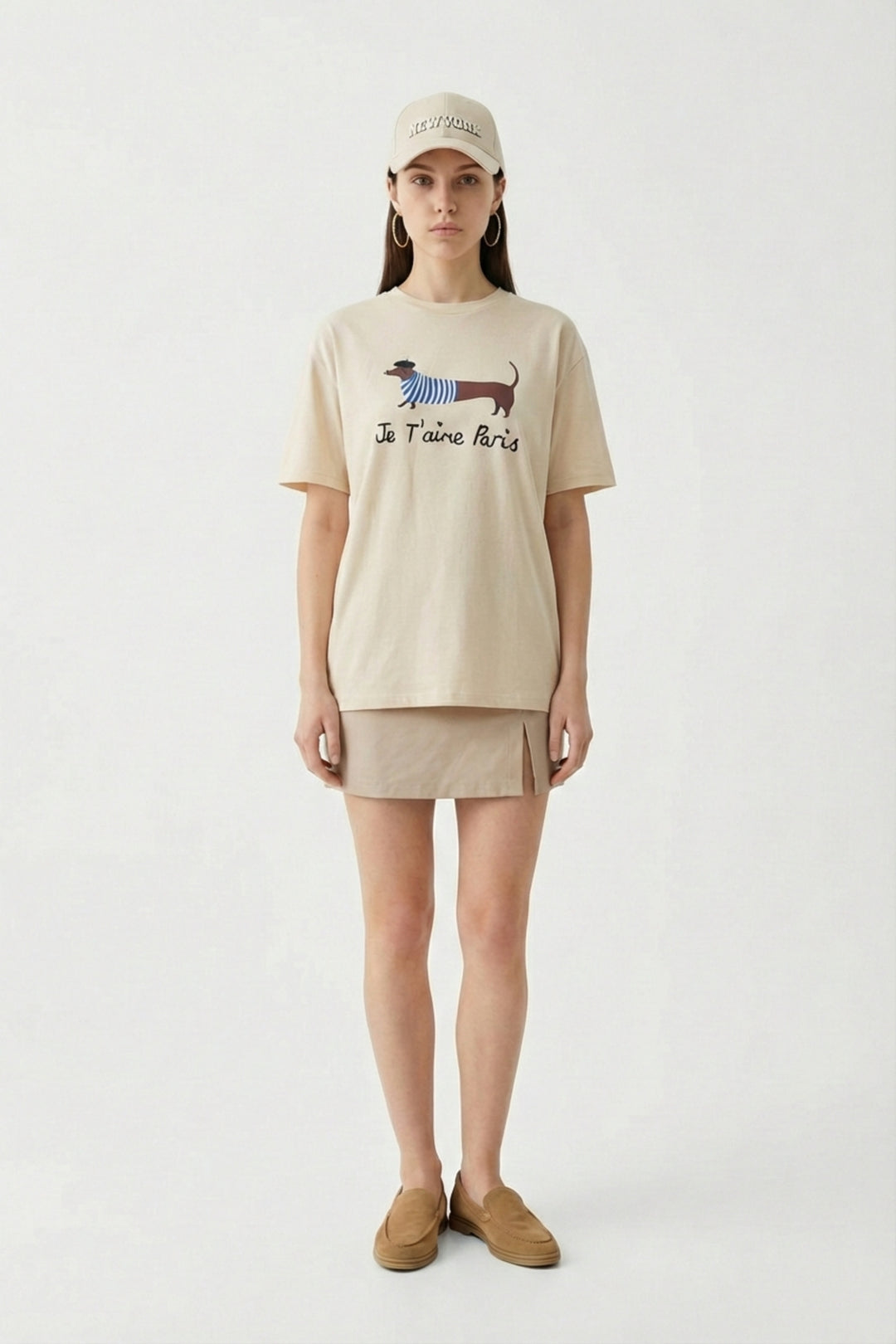 Yazı Nakışlı Köpek Baskılı Oversize Tişört Bej