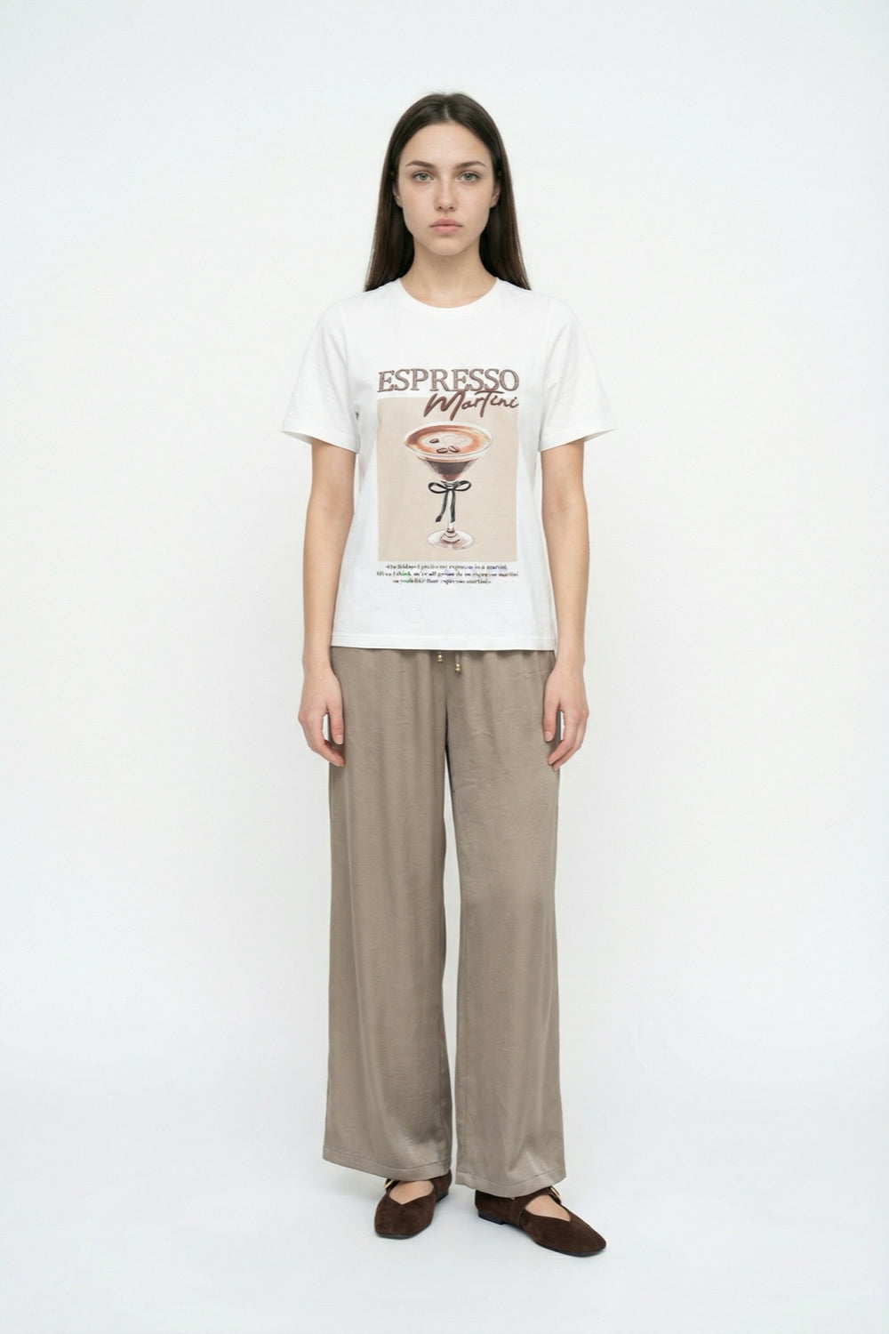 Espresso Nakışlı Baskılı Oversize Tişört Ekru