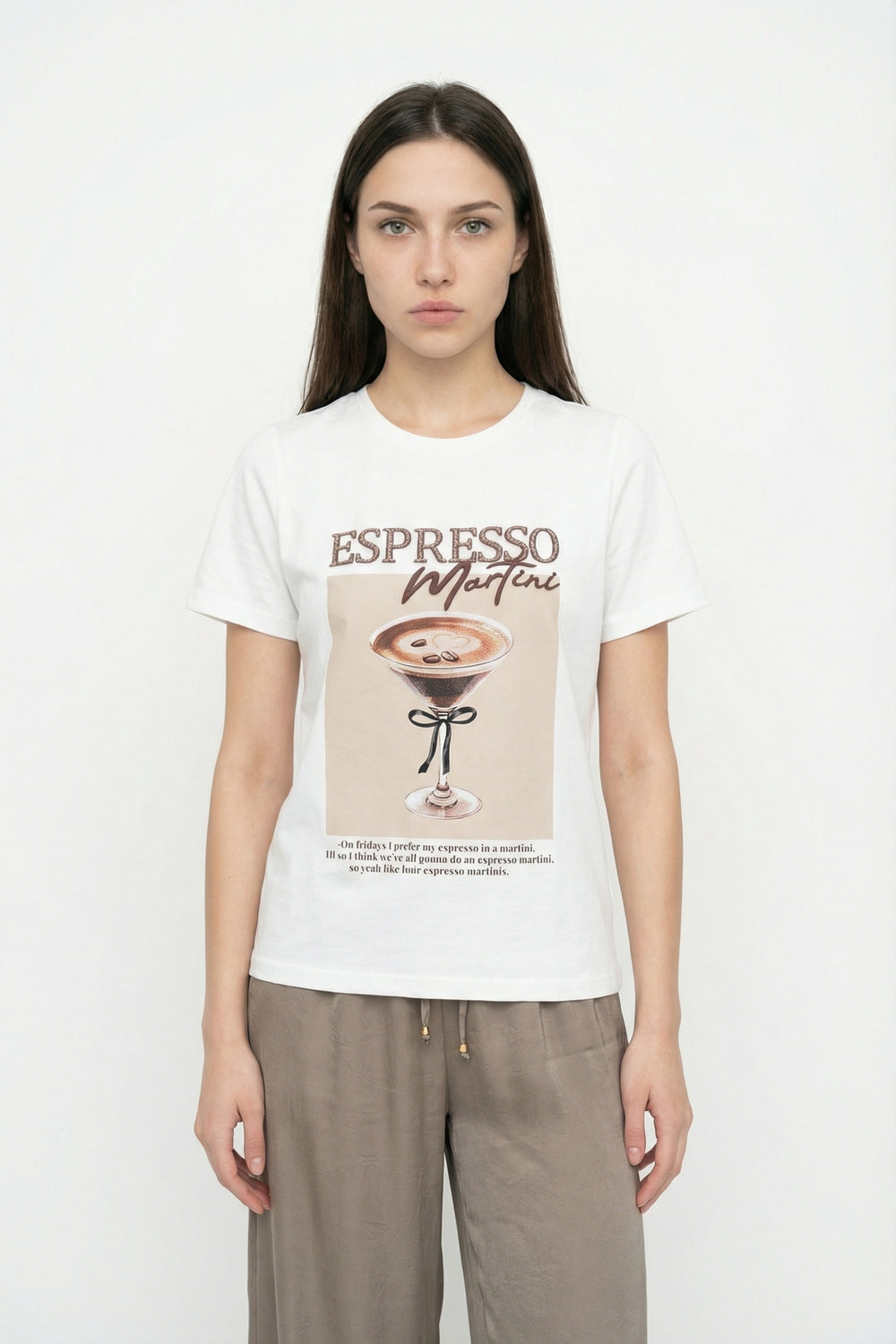 Espresso Nakışlı Baskılı Oversize Tişört Ekru