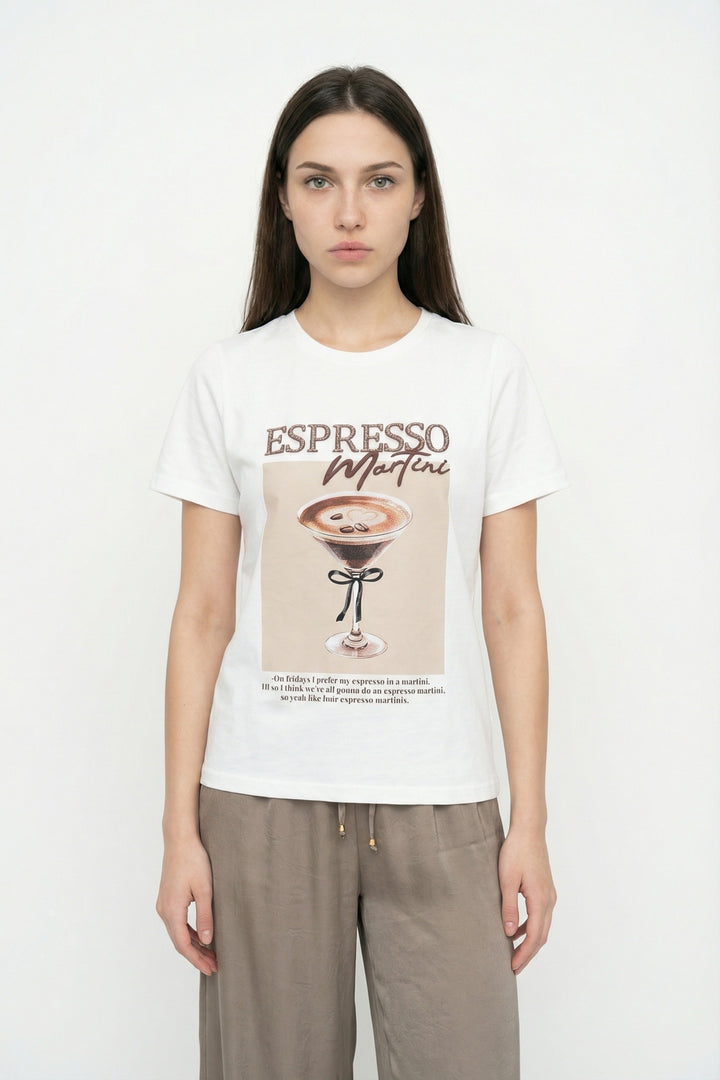 Espresso Nakışlı Baskılı Oversize Tişört Ekru