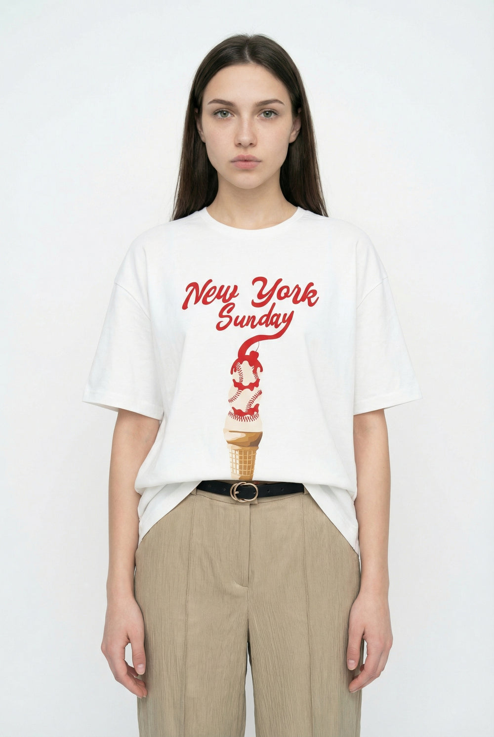 Dondurma Baskılı Oversize Tişört Ekru