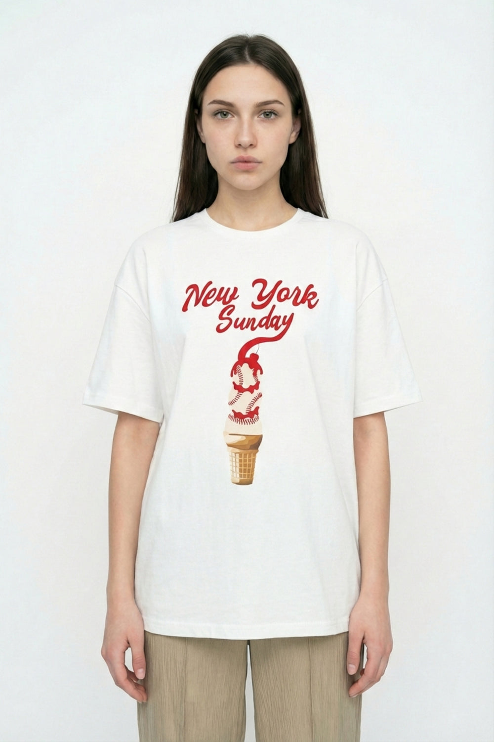 Dondurma Baskılı Oversize Tişört Ekru