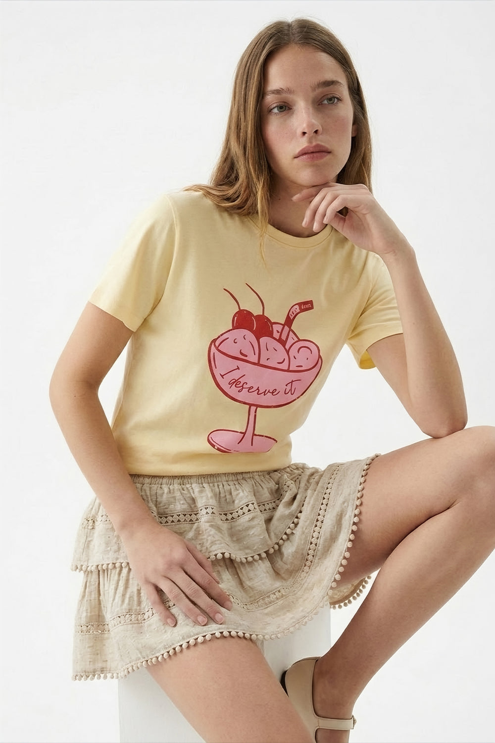 Dondurma Figürlü Oversize Tişört Sarı