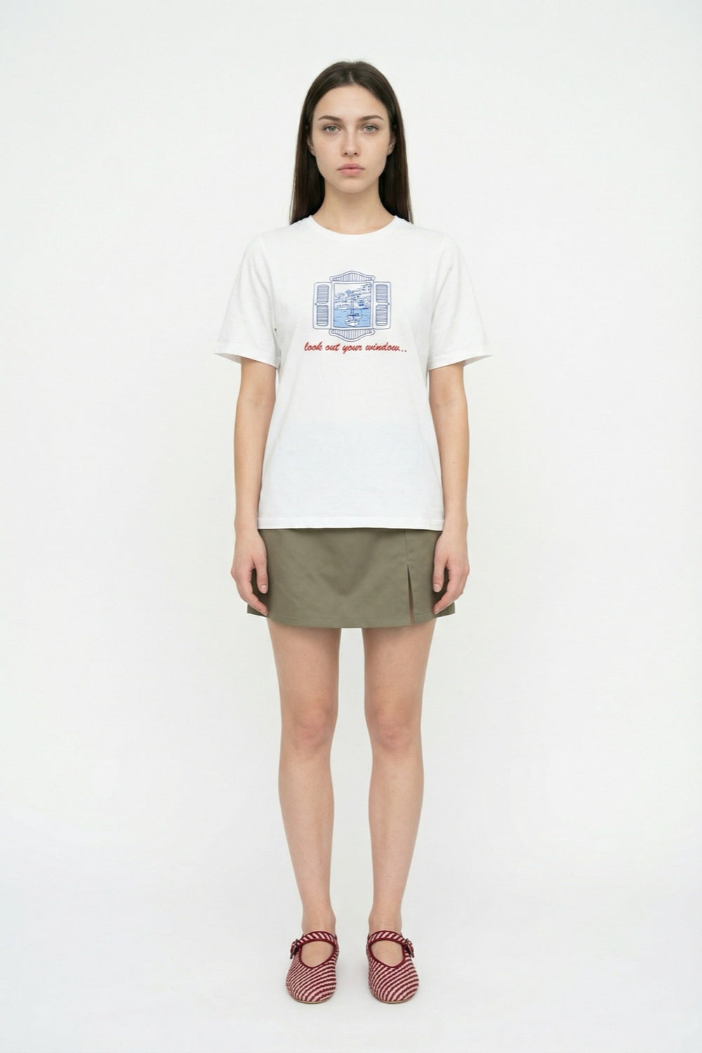 Sahil Temalı Sırtı Baskılı Oversize Tişört Ekru