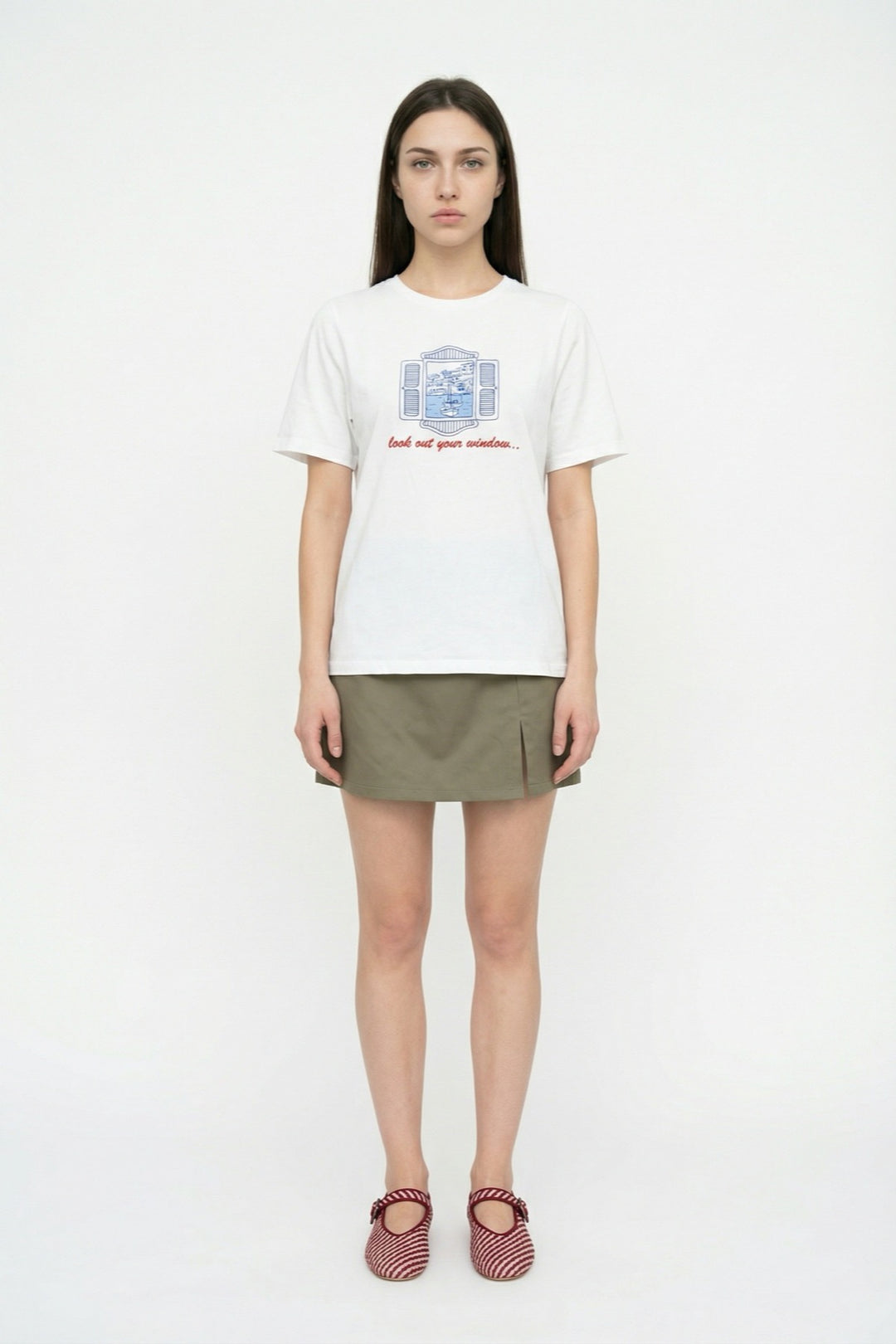 Sahil Temalı Sırtı Baskılı Oversize Tişört Ekru