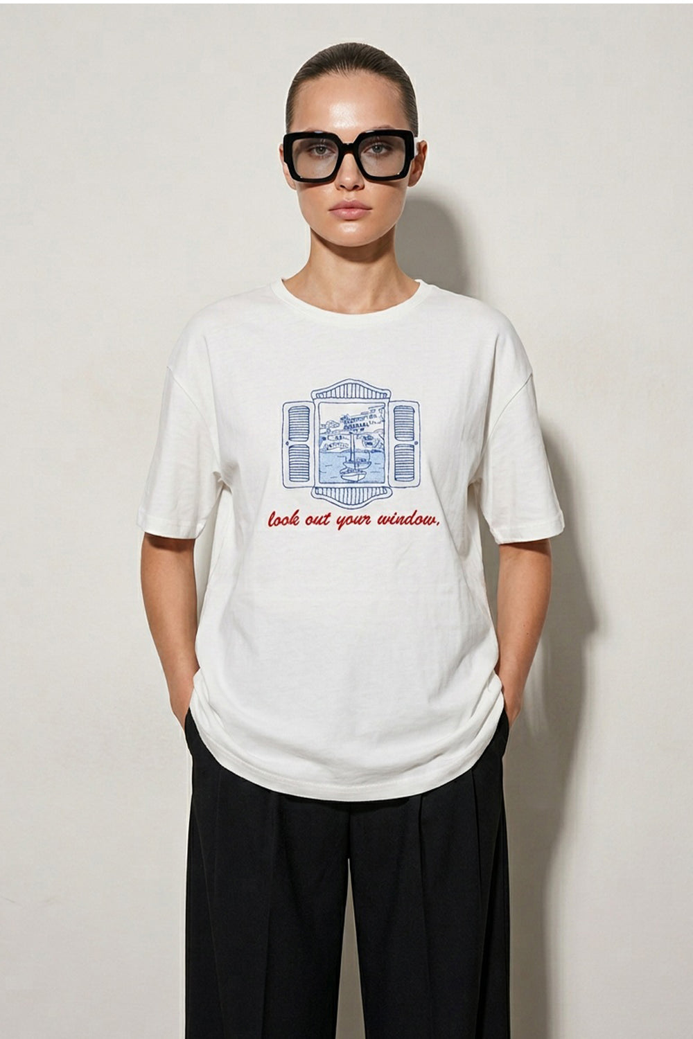 Sahil Temalı Sırtı Baskılı Oversize Tişört Ekru