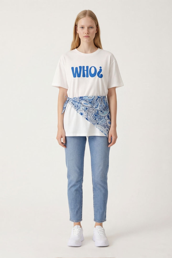 Şal Bağlamalı Yazı Baskılı Oversize Tişört Ekru