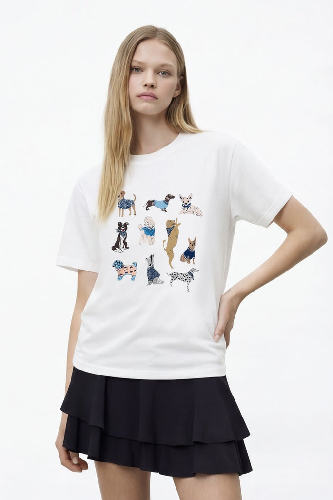 Köpek Figürlü Oversize Tişört Ekru