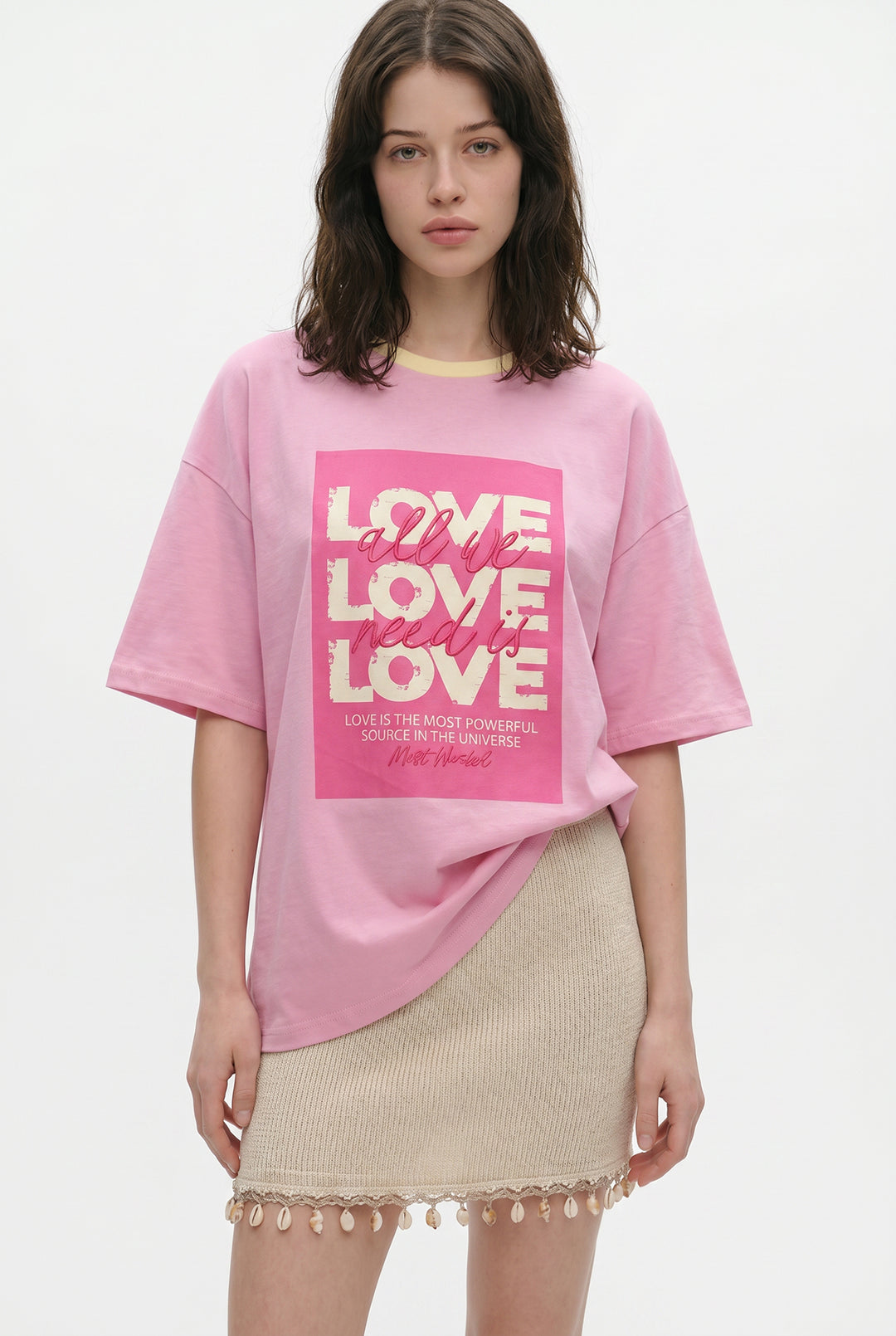 Love Yazı Baskılı Oversize Tişört Pembe
