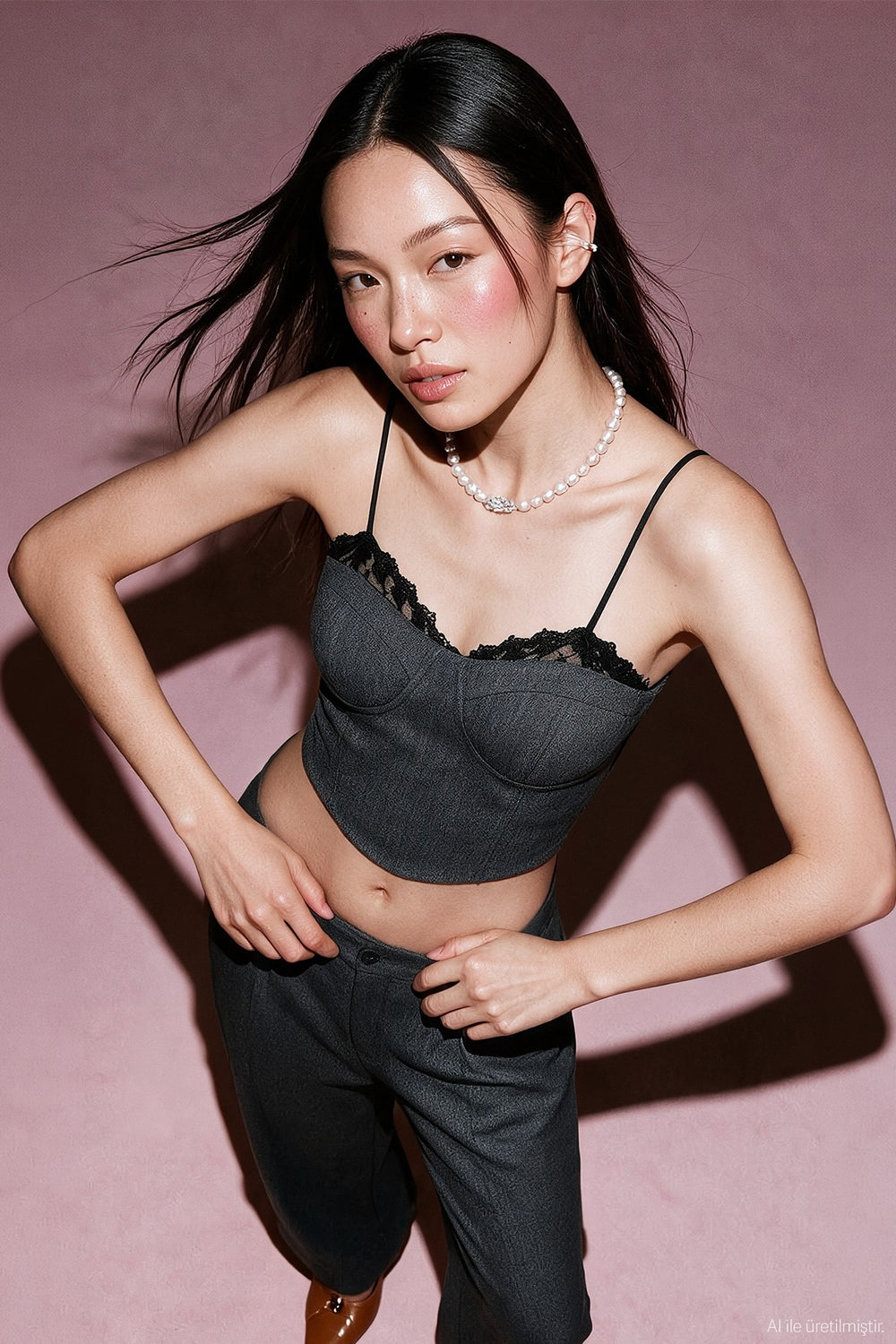 Dantelli Askılı Korse Crop Bluz Antrasit