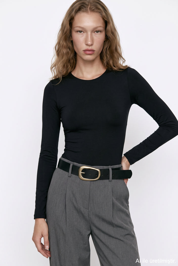 Bisiklet Yaka Basic Bodysuit Siyah