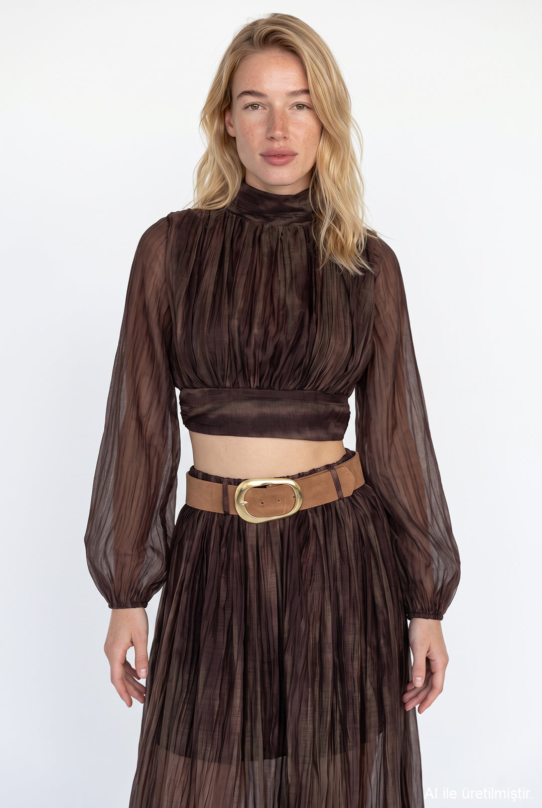 Dik Yaka Drapeli Crop Bluz Kahverengi