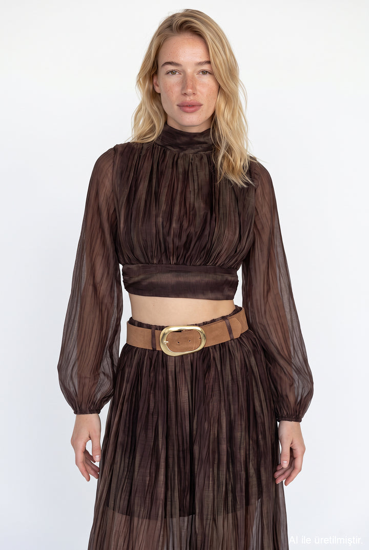 Dik Yaka Drapeli Crop Bluz Kahverengi