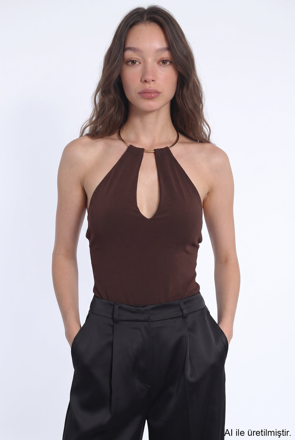 Gold Halka Aksesuarlı Bodysuit Kahverengi