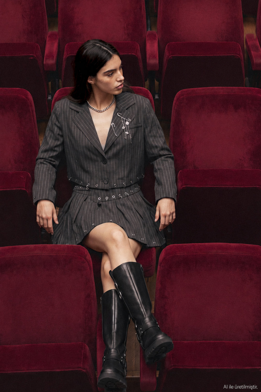 Çizgili Kuşgözü Detaylı Crop Blazer Ceket Antrasit