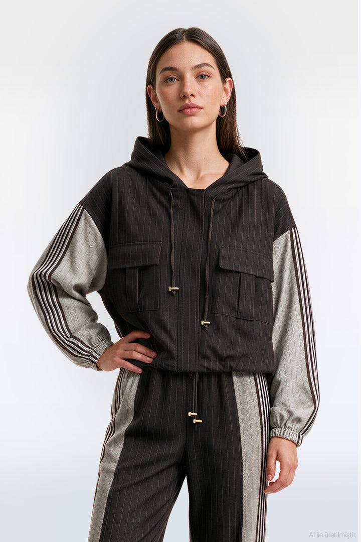 Çizgili Kapüşonlu Oversize Ceket Kahverengi