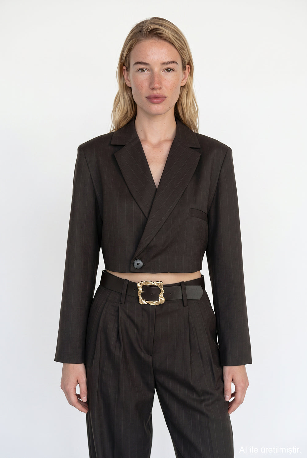 İnce Çizgili Kruvaze Crop Blazer Ceket Kahverengi