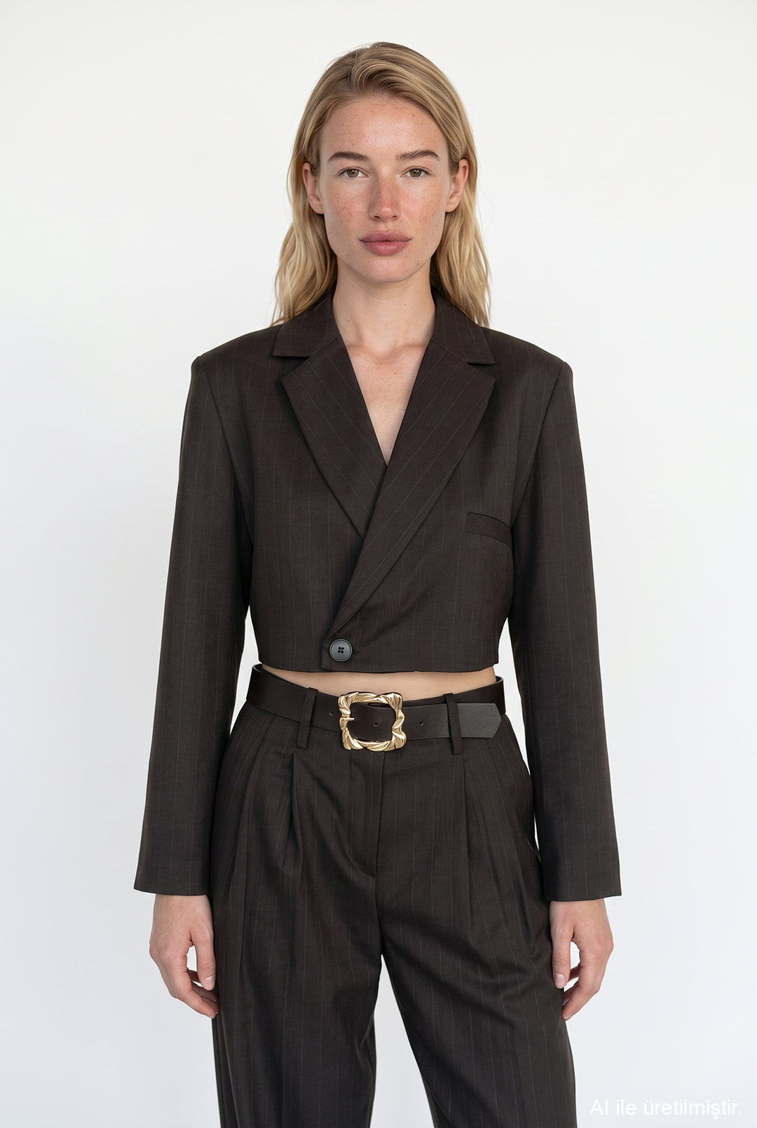 İnce Çizgili Kruvaze Crop Blazer Ceket Kahverengi