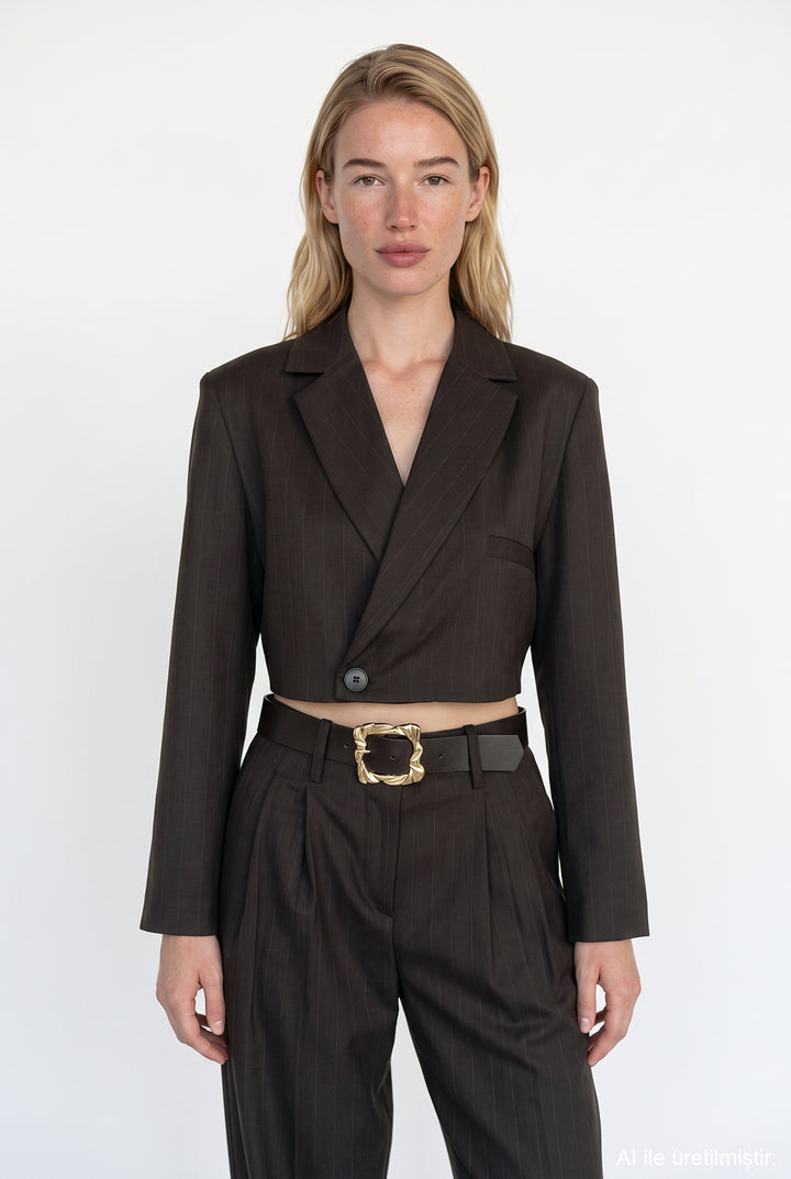 İnce Çizgili Kruvaze Crop Blazer Ceket Kahverengi