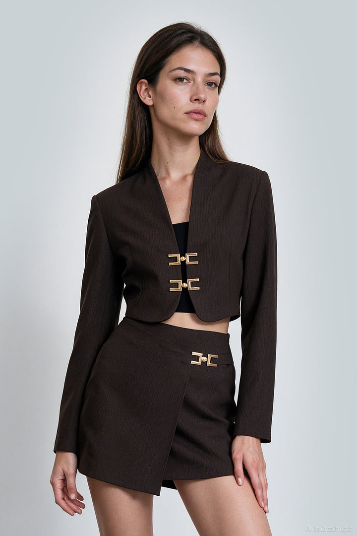 Gold Tokalı Crop Blazer Ceket Kahverengi