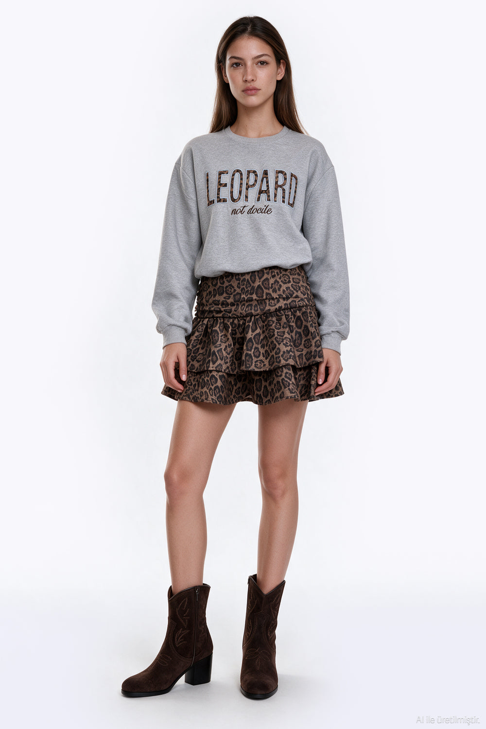 Leopar Garnili Volanlı Mini Elbise Grimelanj