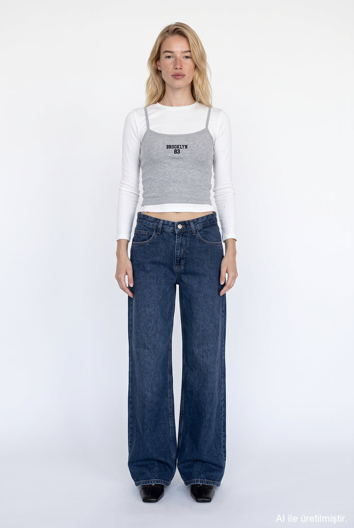 Yüksek Bel Wide Leg Kot Pantolon Lacivert