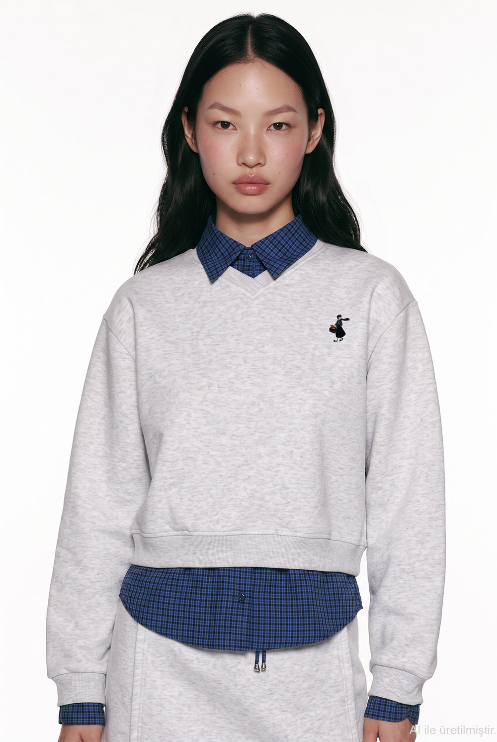 Ekose Garnili V Yaka Oversize Sweatshirt Karmelanj